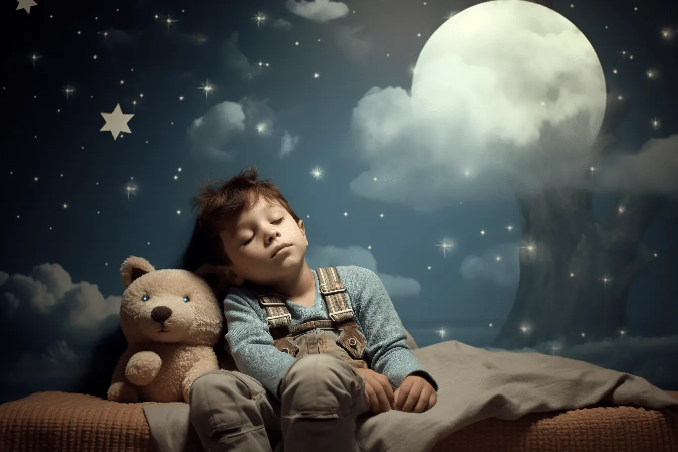 Young boy is sleeping on a couch with a stuffed bear and a full moon behind him, mysterious and dreamlike scenes, cosmic symbolism, inspirational, immersive environments, mist, pictorial dreams