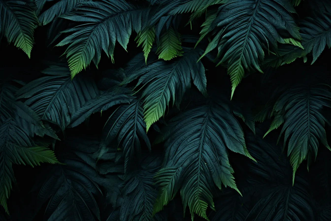 Dark background with black patterned leaves, hyper-realistic details, emerald, landscape photography, tropical symbolism, 8k resolution, nature-inspired imagery, nature-inspired installations