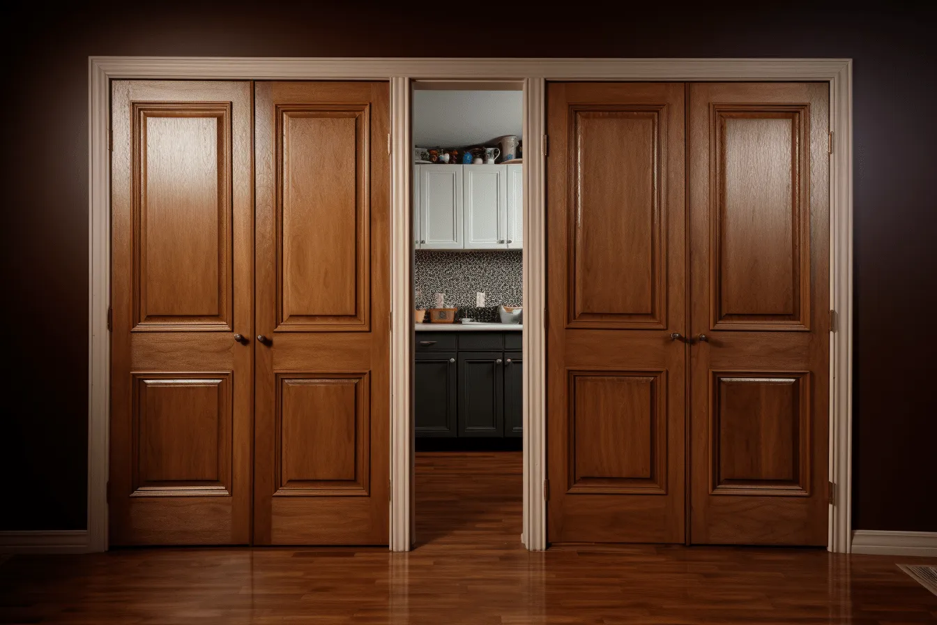 Image of wood doors open to the kitchen to nantucket for door types, dark amber and brown, sculpted, cinestill 50d, multiple styles, study, manapunk, provia