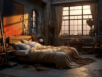 Industrial Bedroom With A Bed, Ladder, And Windows