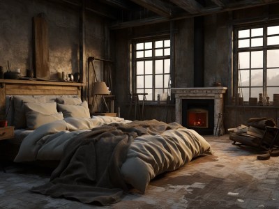 Industrial Style Bedroom With Concrete Floors And A Fireplace