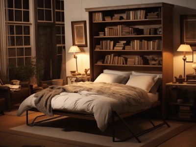 Interesting Bed Surrounded By Bookshelves And Windows