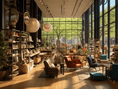 Interior Of A Store Is Filled With A Lot Of Large Windows And Furniture