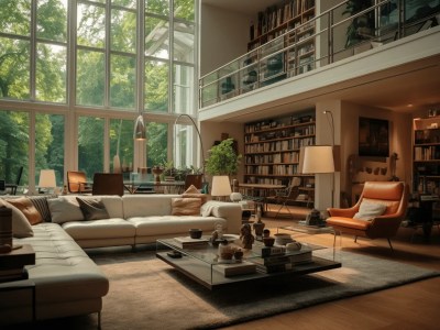 Interior Of An Living Room With Modern Furniture And A Large Library