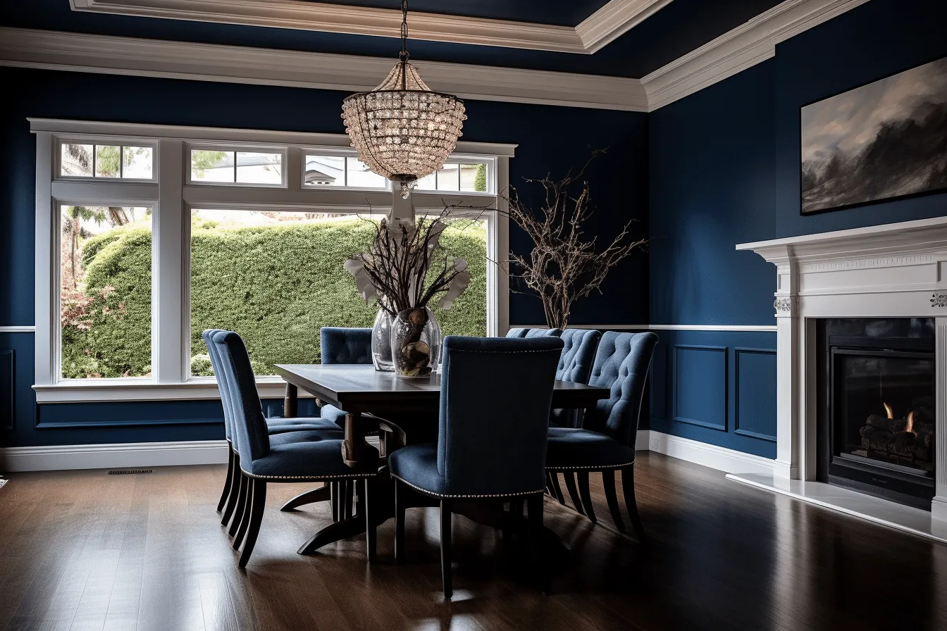 Dining room with a fireplace and blue walls, photo taken with nikon d750, the vancouver school, dark indigo, streamline elegance, lush detailing, bold traditional, nature-inspired