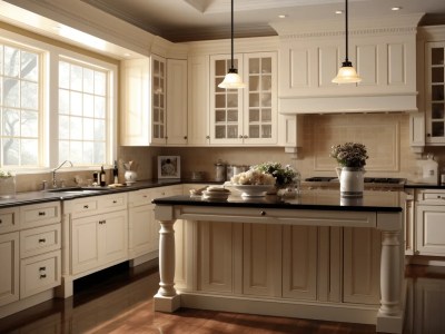 Ivory Kitchen With A Black Island In It