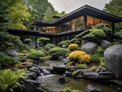 Japanese House With A Stone Stream And Lots Of Rocks