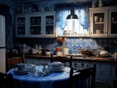 Kitchen Area With A Blue Tiled Wall