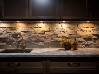 Kitchen Has A Stone Wall, Lights, And Sink