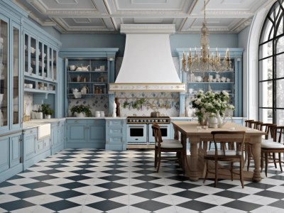 Kitchen In Blue With A Checkered Style Floor