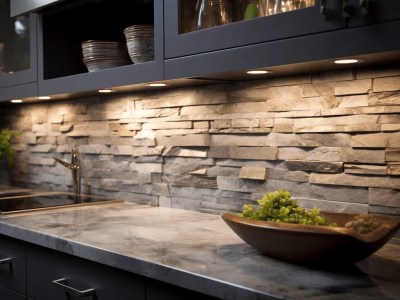 Kitchen Is Decorated With A Stone Backsplash And Lights