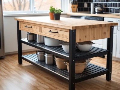 Kitchen Island That Has Wooden Shelves And Pots On It