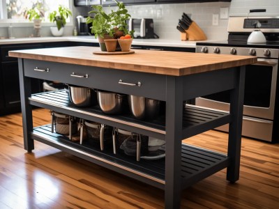 Kitchen Island With Shelves And Pots On Top