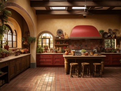 Kitchen With A Red Brick Background Is Shown