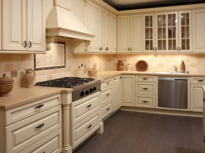 Kitchen With Beige Cabinets, White Counters, And Wooden Floors