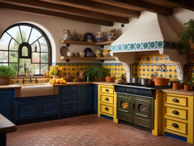 Kitchen With Blue And Yellow Walls And An Oven With Yellow Tile