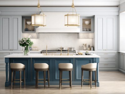 Kitchen With Blue Cabinets And Stools