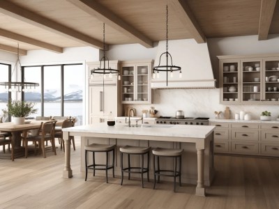 Kitchen With Island Has Wood Floors And Ceilings