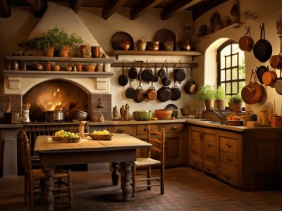 Kitchen With Large Table And Pots