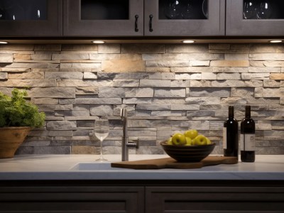 Kitchen With Stone Wall  Led Lights In It