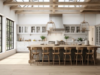 Kitchen With Wooden Ceilings And Wood Stools