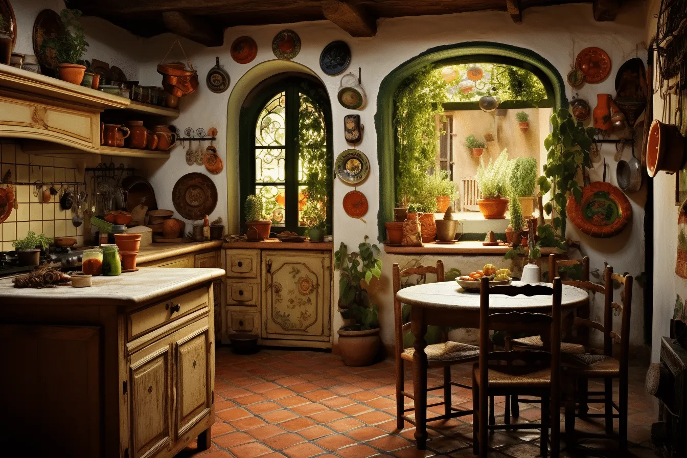 Red oven in an interior, mediterranean landscapes, green and amber, matte painting, old-world charm, uhd image, spanish school