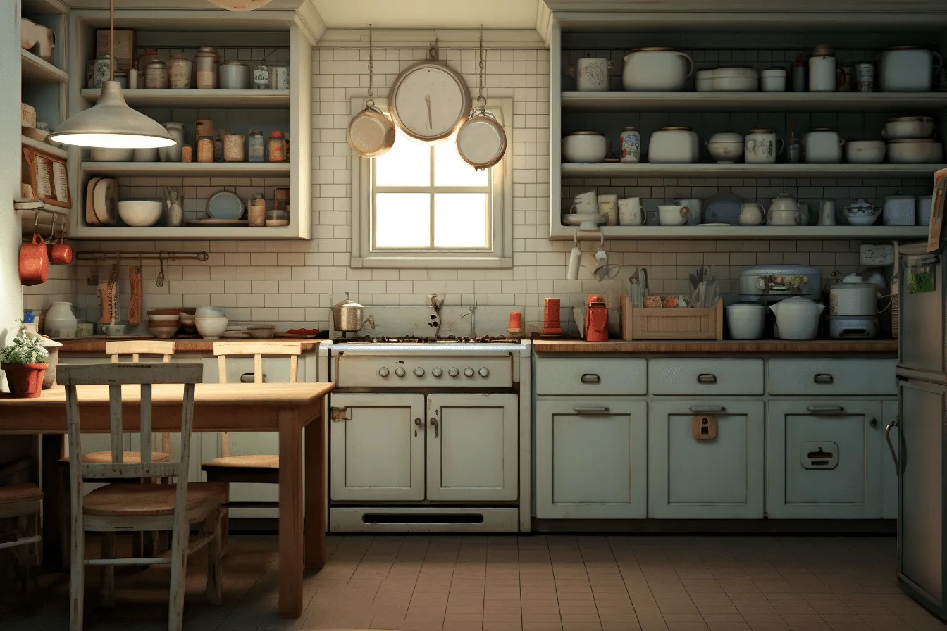 Kitchen with wooden cabinet shelves, unreal engine 5, nostalgic scenes, storybook-esque, atmospheric color washes, rendered in maya, ceramic, classic americana