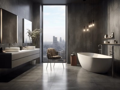 Large Bathroom With Grey Walls And A Double Bathtub With A View