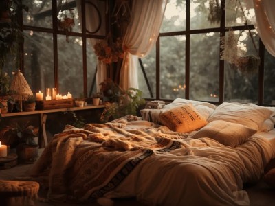 Large Bed In Front Of A Window With Candles On It