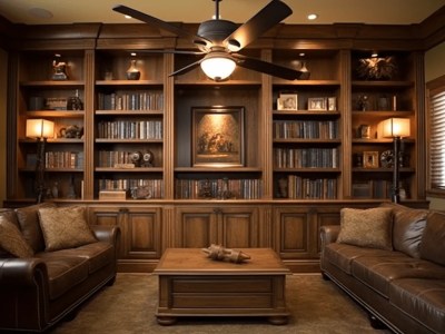 Large Bookcases And Chairs With A Ceiling Fan In The Living Room