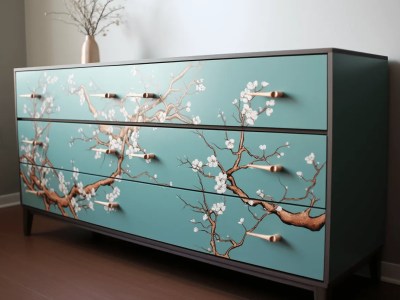 Large Drawer Dresser Decorated With A Cherry Blossom