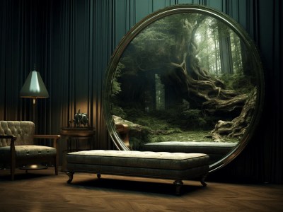 Large Forest Themed Glass Mirror In The Forest With A Chair And Table