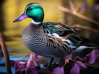 Large, Green Duck Standing Beside Some Purple Flowers