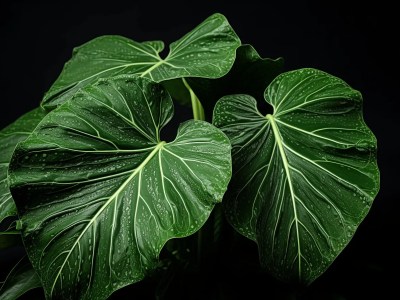 Large Green Leaves Grow Against A Black Background