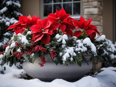 Large Pot Has Red Poinsettias On It