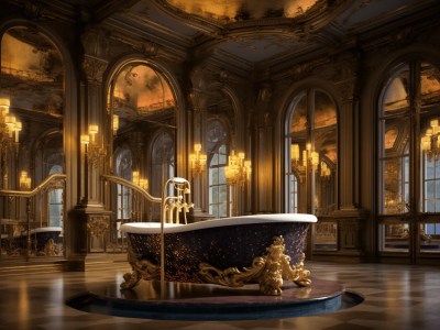 Large Round Bathtub In An Ornate Room