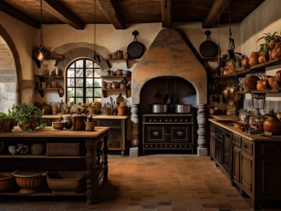 Large Vintage Styled Kitchen With An Oven And Shelves Above It