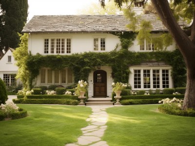 Large White House Surrounded By Lush Landscaping