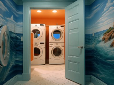 Laundry Room With Three Washing Machines, A Blue Door