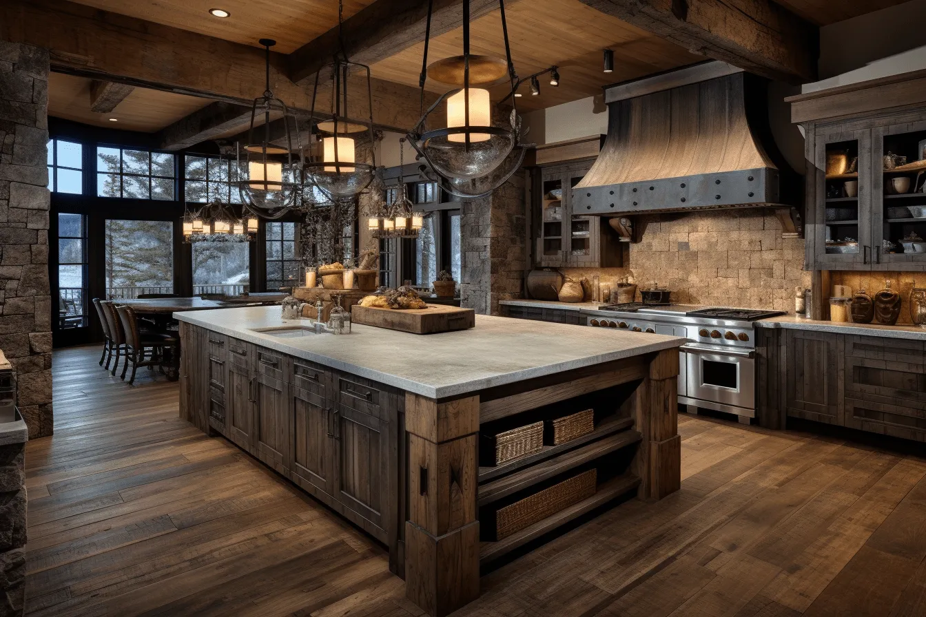 Country rustic kitchen is filled with wood and stone, moody chiaroscuro lighting, dark bronze and gray, precisionist art, 32k uhd, medieval-inspired, weathered materials, light gray and bronze