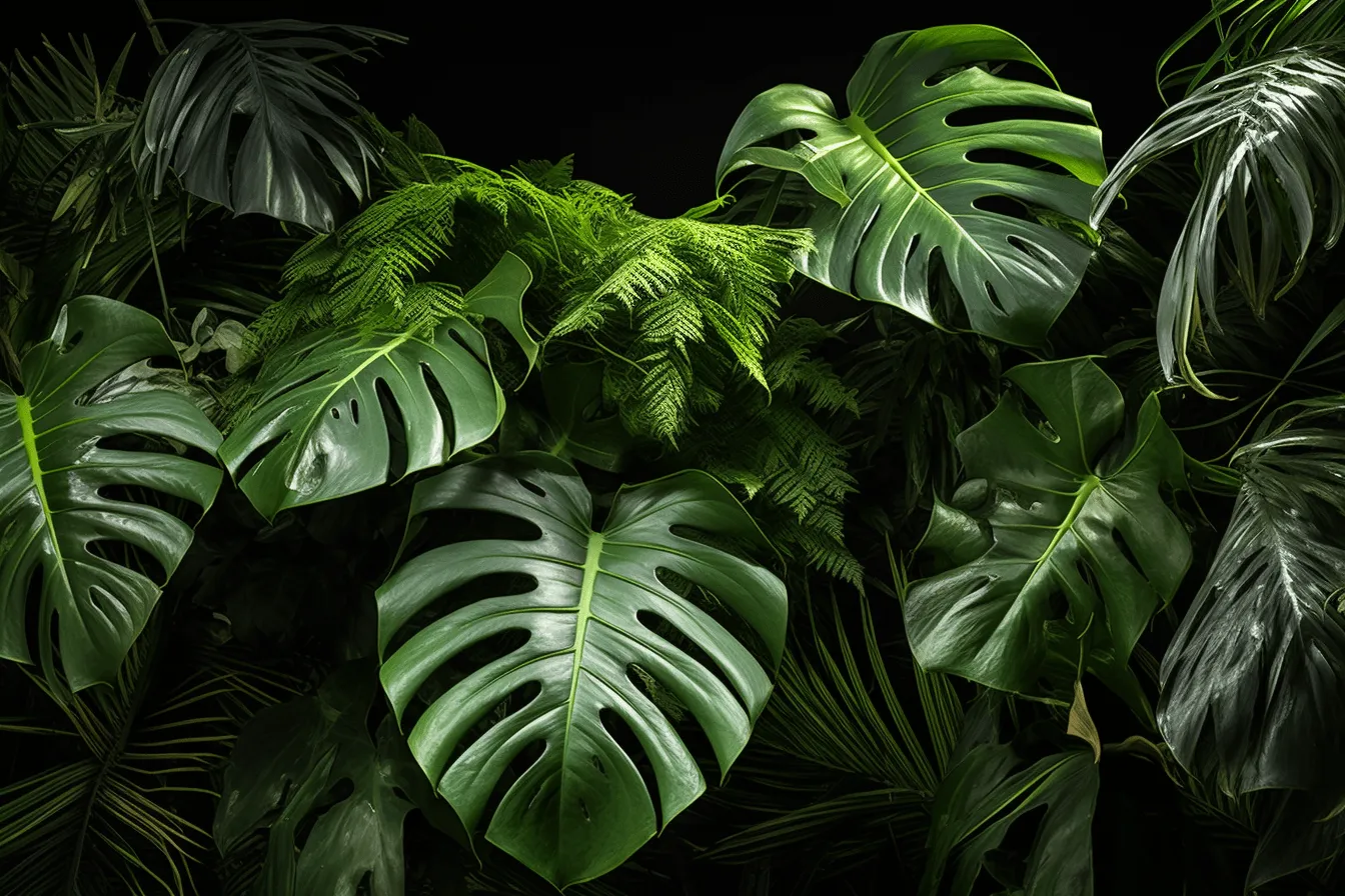 These tropical leaves are on a black background, realistic still lifes with dramatic lighting, highly detailed foliage, atmospheric installations, organic form, environmental portraiture, junglecore