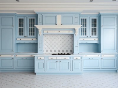 Light Blue Kitchen With A White Stove Stove Oven