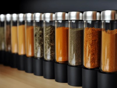 Line Of Spices Stored In Plastic Bottles