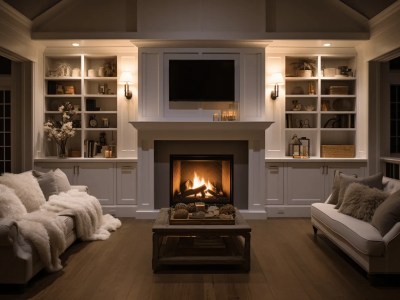 Living Room Full Of White Couches And Fireplace