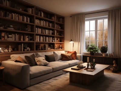 Living Room Has A Coffee Table And Book Shelves