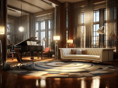 Living Room Has A White Couch, Piano, Rugs, A Sofa And A Piano Playing