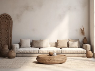 Living Room Has Beige Flooring And White Furniture With Potted Plants