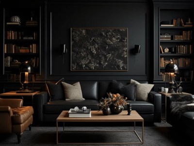 Living Room In Black With Leather Furniture And Brown Book Shelves