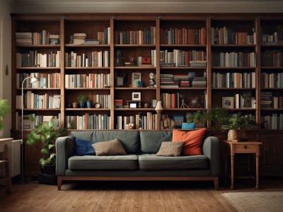 Living Room With A Couch Is Located Near To A Wall Full Of Bookshelves