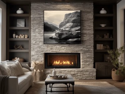 Living Room With A Fireplace And A Mountain Photo Above It